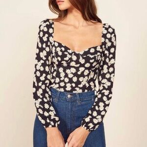 Reformation Daisy Chain Floral Print Sweetheart Smocked Blouse Top